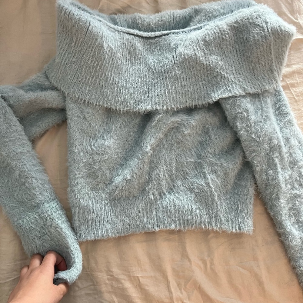 Baby Blue off-shoulder fuzzy sweater